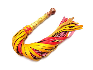 Candy Yellow and Red Leather Flogger with Wooden Handle