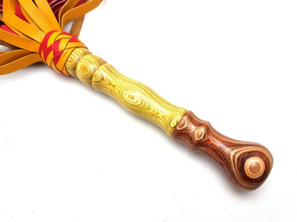 Candy Yellow and Red Leather Flogger with Wooden Handle