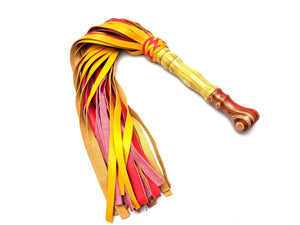 Candy Yellow and Red Leather Flogger with Wooden Handle
